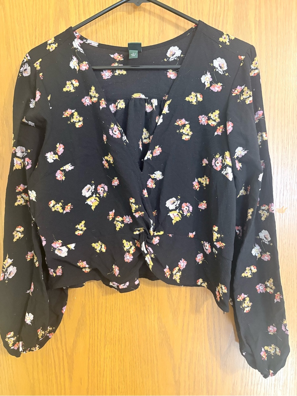 Wild Fable Black Floral Twist-Front Blouse with Long Sleeves